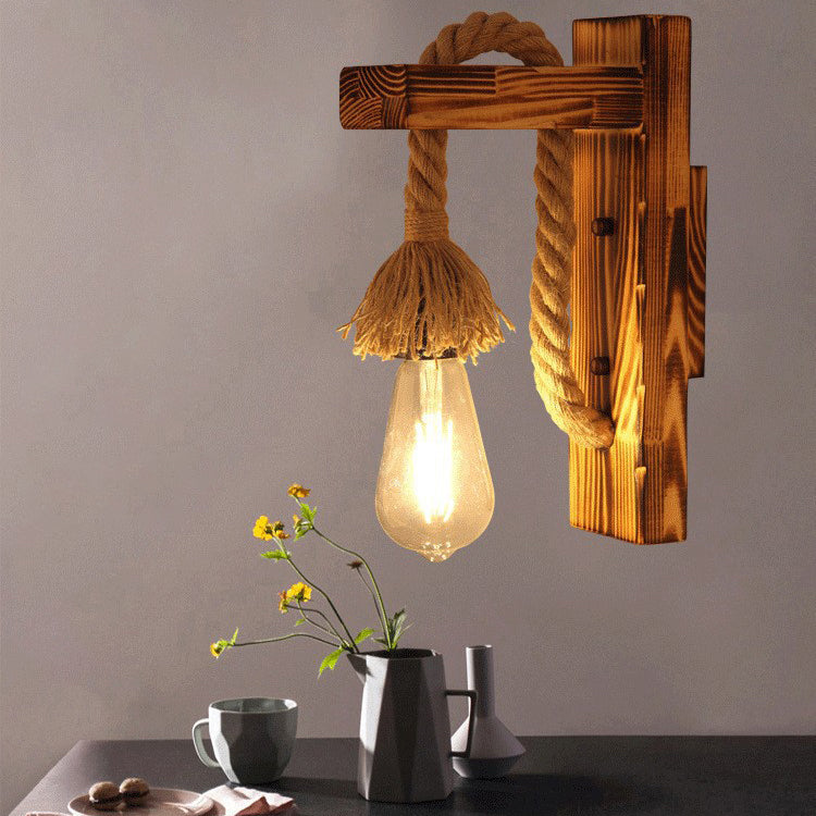 Contemporary Industrial Wood Hemp Rope Iron Glass Cubic Pendant 1-Light Wall Sconce Lamp For Hallway