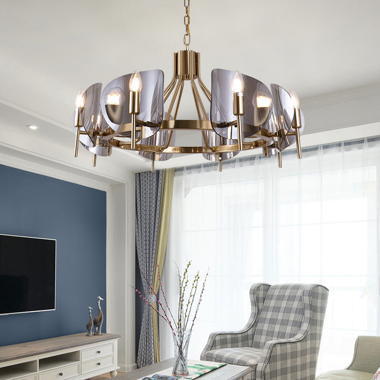 Modern Luxury Golden Finished Framed Curved Glass Panel 6/8-Light Chandelier For Dining Room