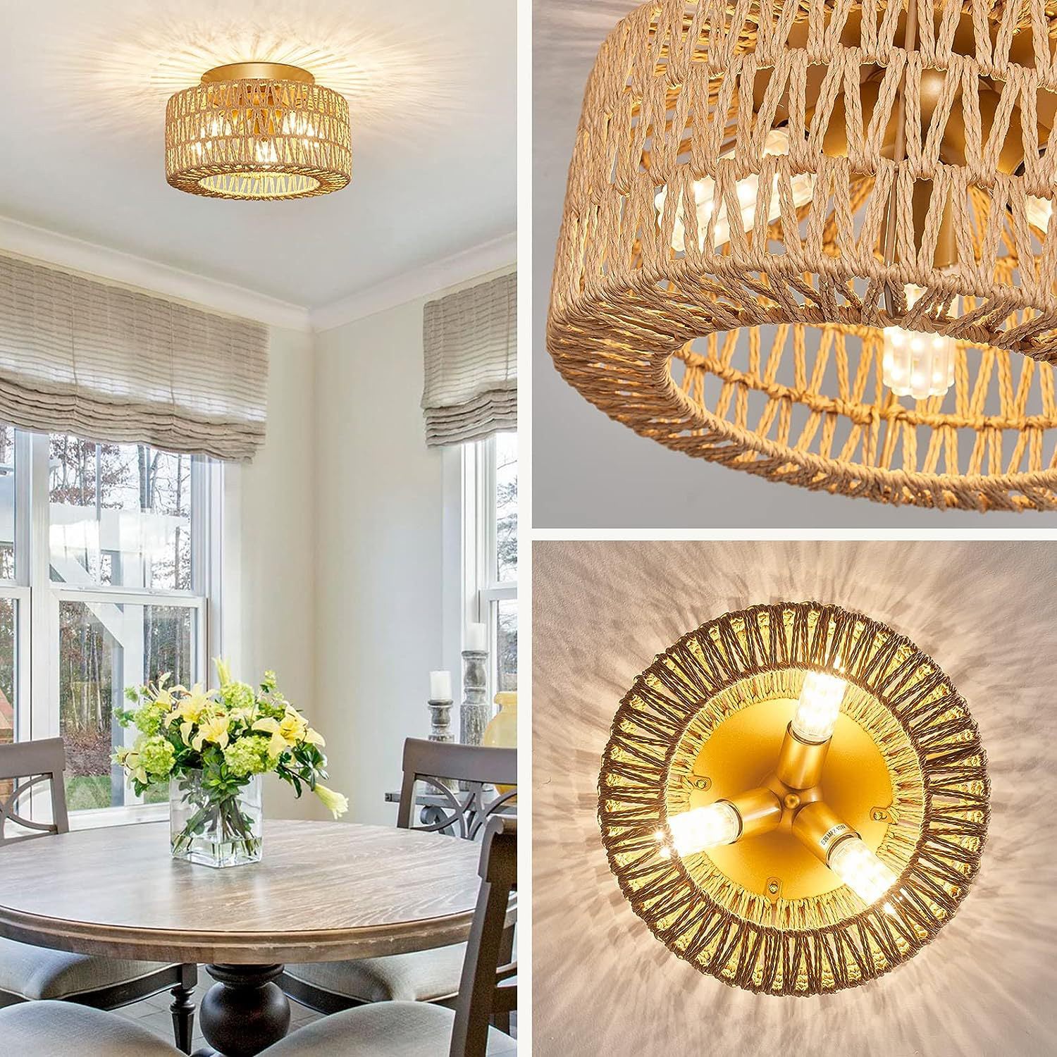 Contemporary Boho Rattan Weaving Cage 3-Light Semi-Flush Mount Ceiling Light For Living Room