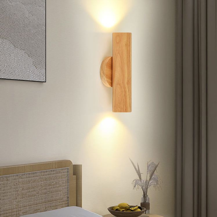 Traditional Japanese Rubber Wood Cylinder LED Wall Sconce Lamp For Bedroom