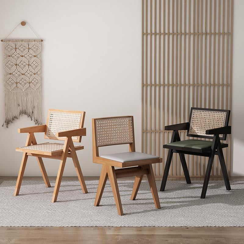 Modern Minimalist Square Solid Wood Rattan Dining Chair Four Legs Backrest Armrest For Dining Room