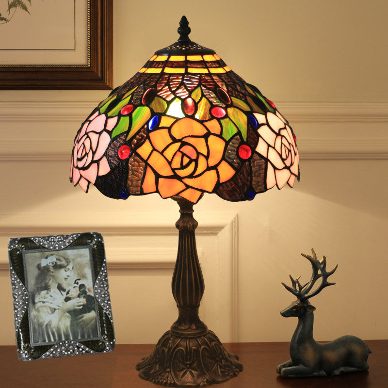 Traditional Tiffany Bloom Floral Stained Glass 1 - Light Table Lamp For Bedroom