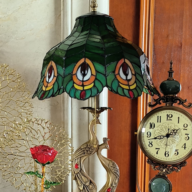 Traditional Tiffany Peacock Glass Copper 2-Light Table Lamp For Bedroom