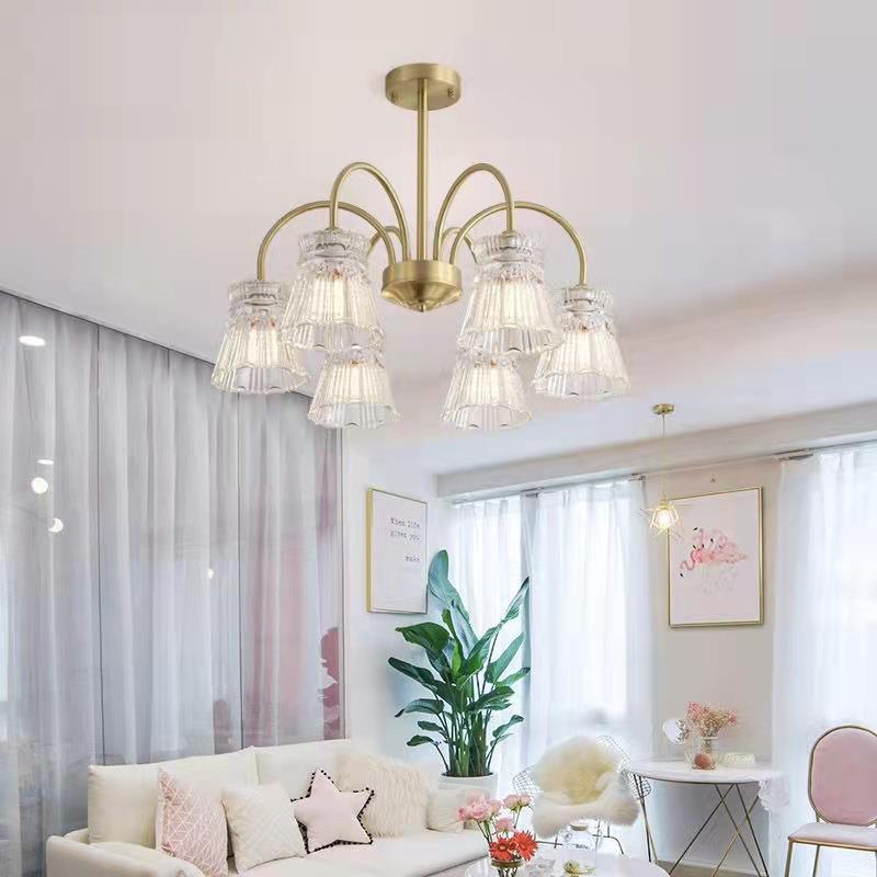 Contemporary Retro Curved Rod Flower Cup Copper Glass 3/5/6 Light Chandelier For Living Room