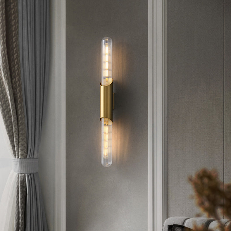 Contemporary Nordic Brass Glass Strip 2-Light Wall Sconce Lamp For Living Room