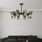 Contemporary Scandinavian Full Copper Frame Square Glass Piece 4/8-Light Chandelier For Living Room