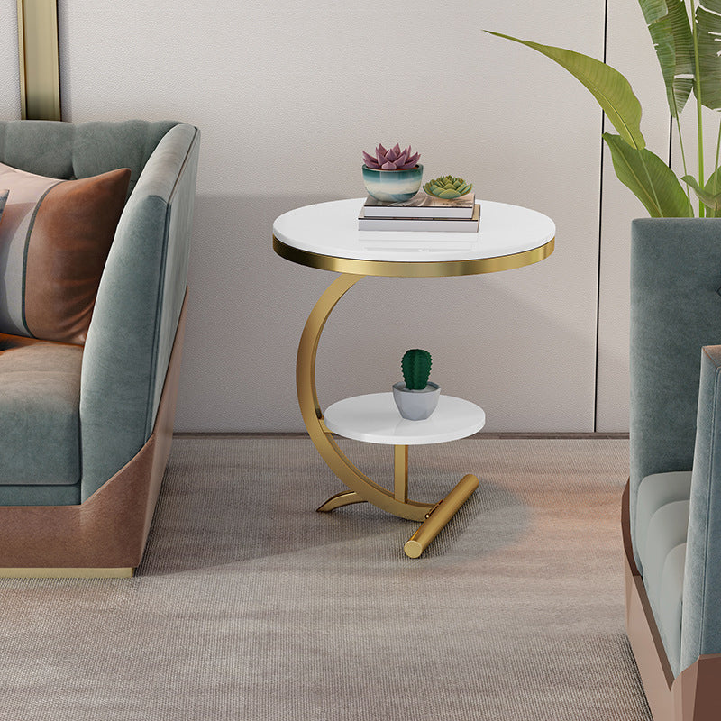 Modern Minimalist Round Marble Metal Side Table 2-Tier For Living Room