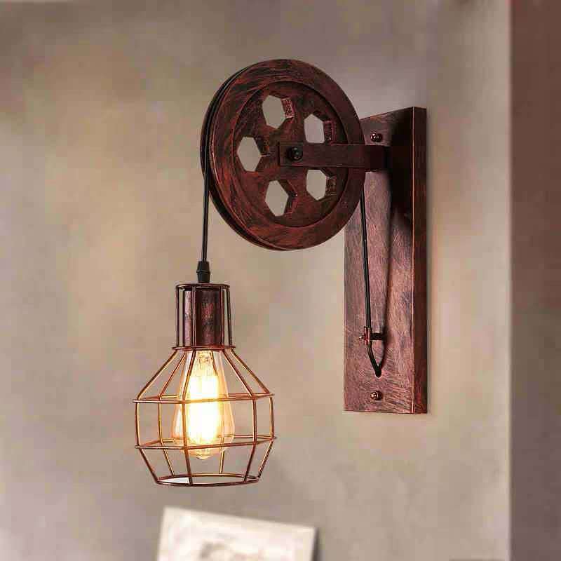 Traditional Vintage Iron Cage Pulley Liftable 1-Light Wall Sconce Lamp For Dining Room