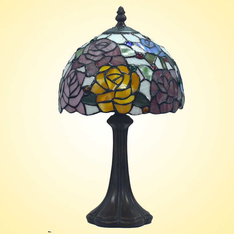 Traditional Tiffany Rose Round Dome Zinc Alloy Stained Glass 1-Light Table Lamp For Bedroom