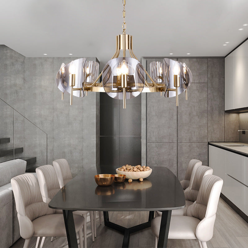 Modern Luxury Golden Finished Framed Curved Glass Panel 6/8-Light Chandelier For Dining Room