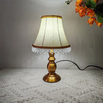 Traditional French Fabric Metal Flower Cylinder Fringe Bead 1-Light Table Lamp For Bedroom