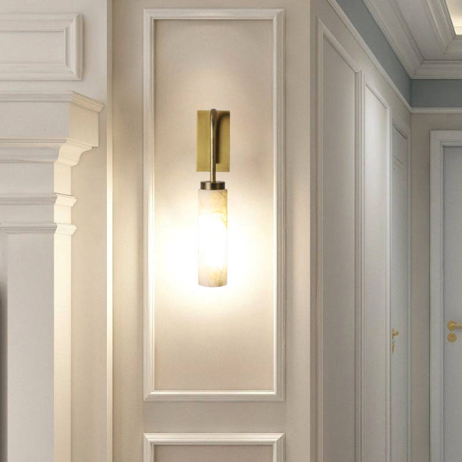 Modern Minimalist Cylinder Iron Marble 1-Light Wall Sconce Lamp For Bedroom