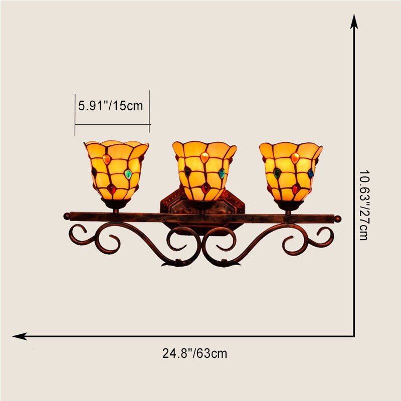 Traditional Tiffany Stained Glass Cup Shade Iron 3-Light Vanity Mirror Front Wall Sconce Lamp For Bedroom