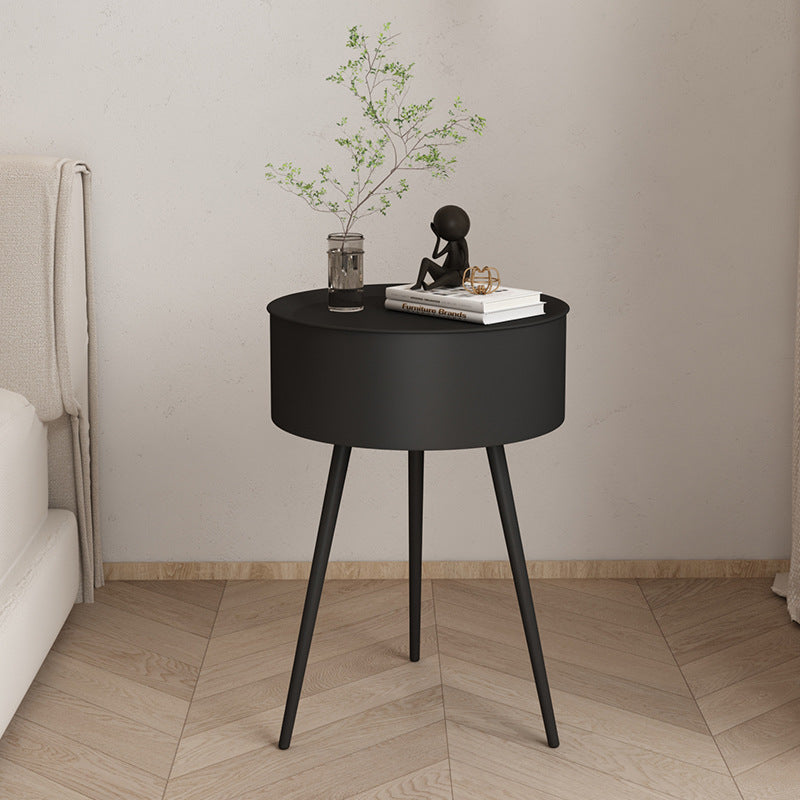 Modern Minimalist Round Tabletop Iron Nightstand 1-Storage For Bedroom