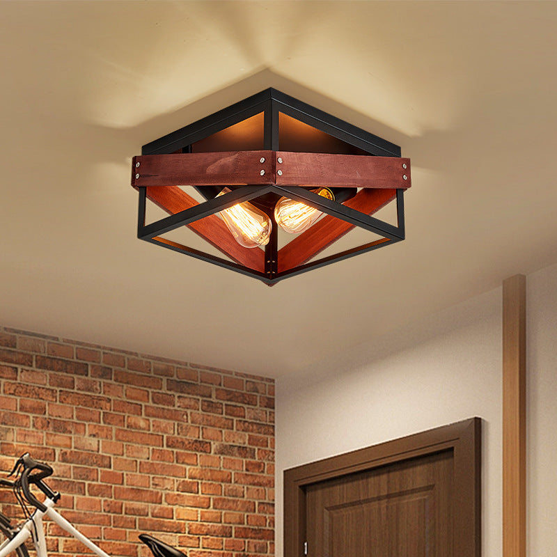 Contemporary Industrial Square Iron 2-Light Flush Mount Ceiling Light For Living Room