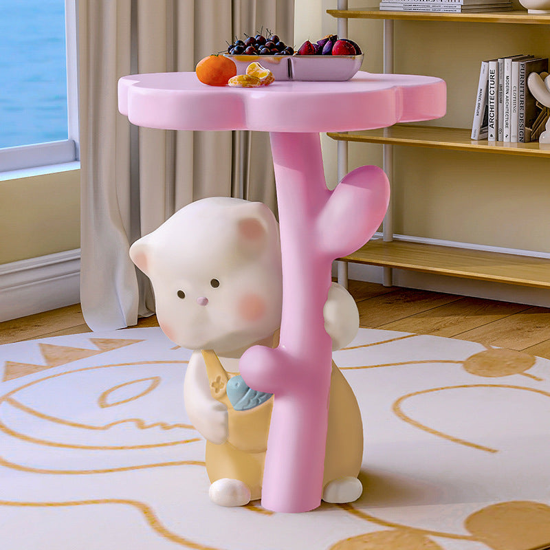 Contemporary Creative Kids Cat Flower Resin End Table 1-Tray For Bedroom