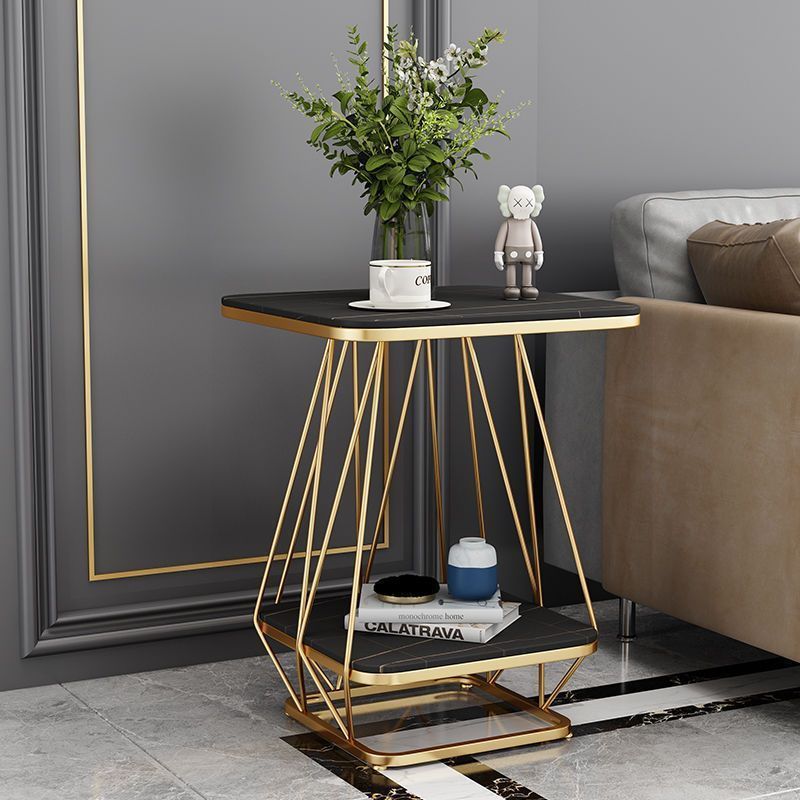 Contemporary Nordic Square Geometric Slab Iron End Table 2-Tier For Living Room