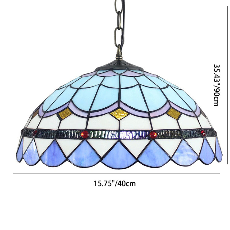 Traditional Tiffany Round Dome Iron Stained Glass 1-Light Pendant Light For Living Room