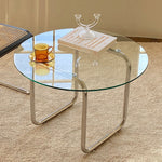 Modern Minimalist Round Glass Steel Tube Base Coffee Table For Living Room