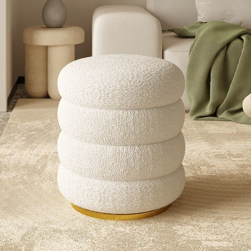 Modern Minimalist Cylinder Lambswool Fabric Metal Vanity Stool For Bedroom