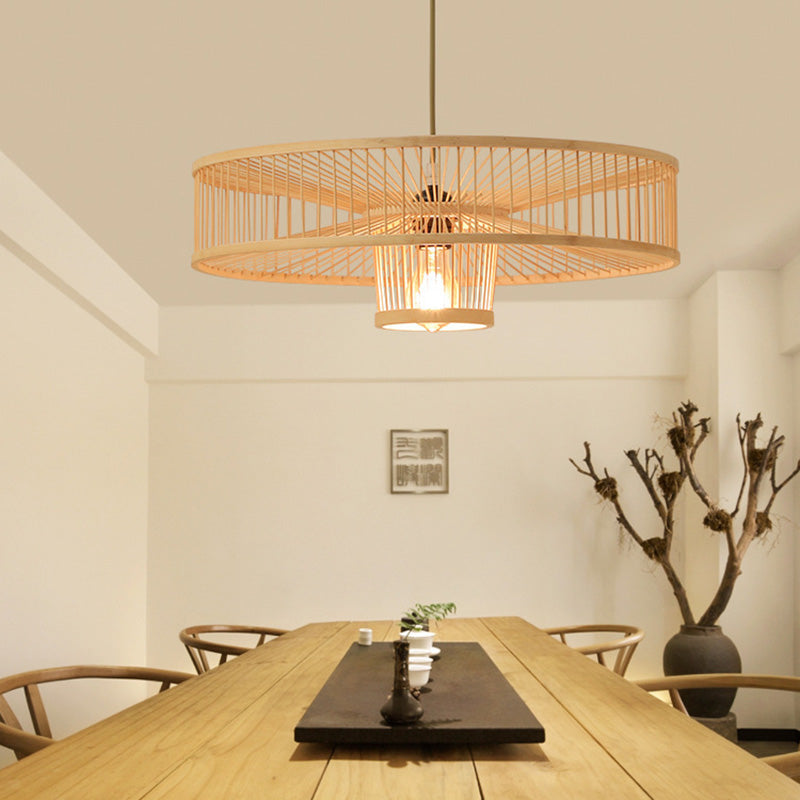 Traditional Chinese Bamboo Weaving Round 1-Light Pendant Light For Dining Room