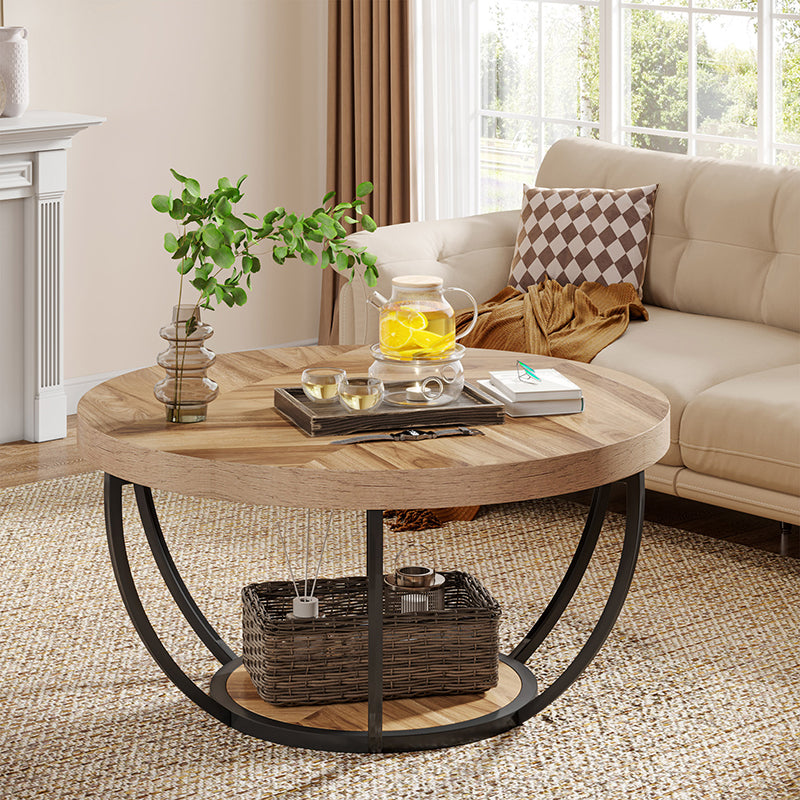 Modern Luxury Round Top Density Board Steel Coffee Table 1-Shelf For Living Room