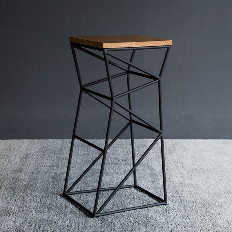 Contemporary Industrial Iron Wood Geometric Frame Square Bar Stool Footrest For Dining Room