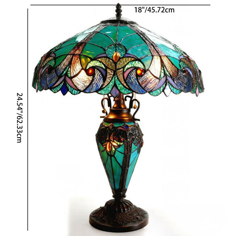 Traditional Tiffany Stained Glass Green Peacock 1-Light Table Lamp For Living Room