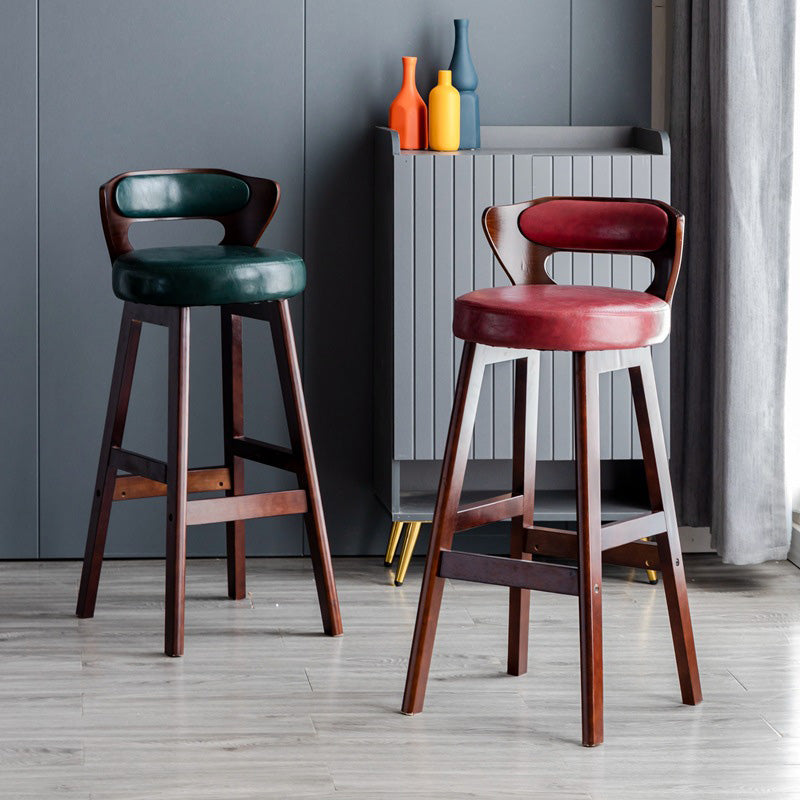 Modern Simplicity Round PU Leather Wood Bar Stool Low Back Footrest For Dining Room