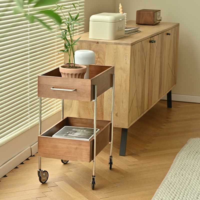 Contemporary Retro Rectangular Wood Stainless Steel Side Table 2-Tier Movable For Living Room