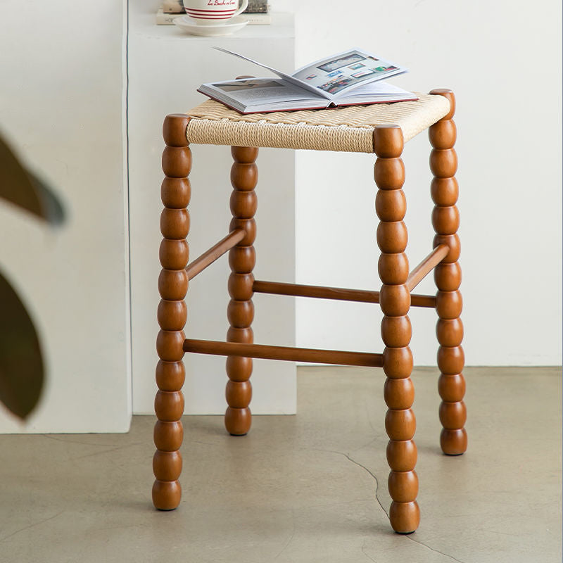 Traditional Vintage Square Woven Gourd Wooden Bar Stool Backless Footrest For Entertainment Room