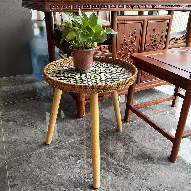 Traditional Rustic Handmade Shell Round Wood Rattan Side Table For Living Room