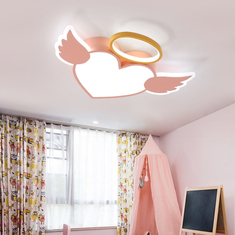 Contemporary Creative Kids Love Wings Iron Aluminum Acrylic Silicone LED Flush Mount Ceiling Light For Bedroom