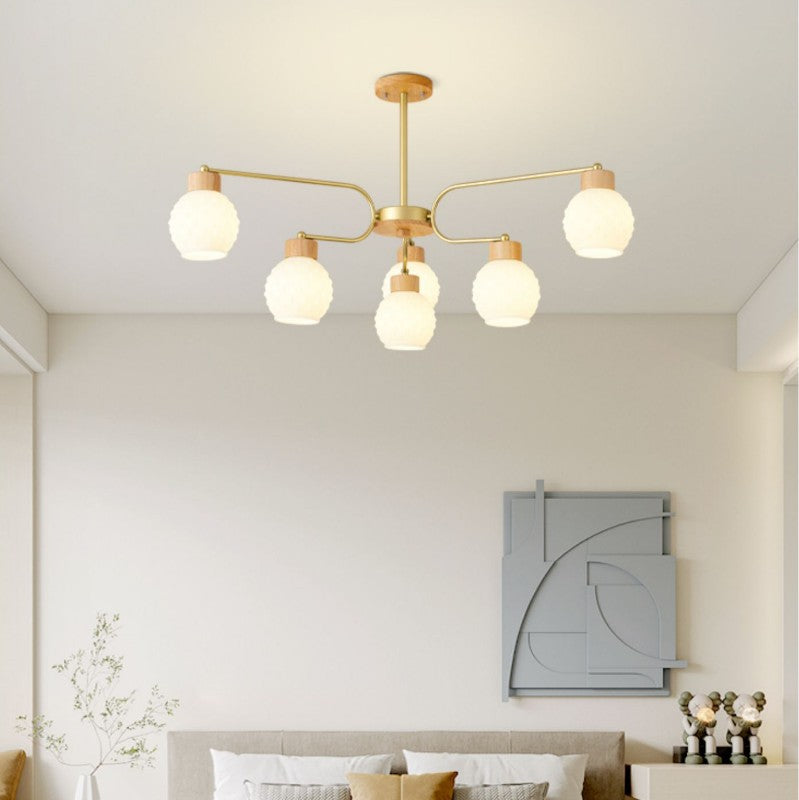 Modern Minimalist Curved Pole White Bellflower Hardware Wood Glass 6/10 Light Chandelier For Living Room