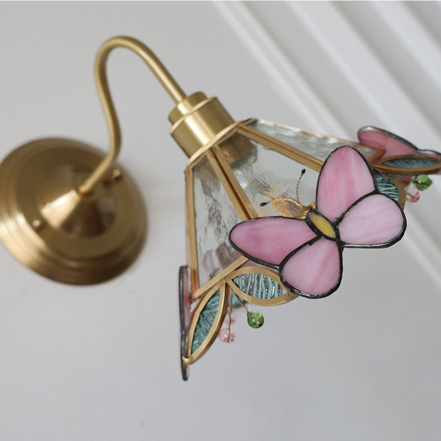 Traditional Vintage Colorful Butterfly Decorative Tapered Glass Shade Brass 1-Light Wall Sconce Lamp For Bedroom