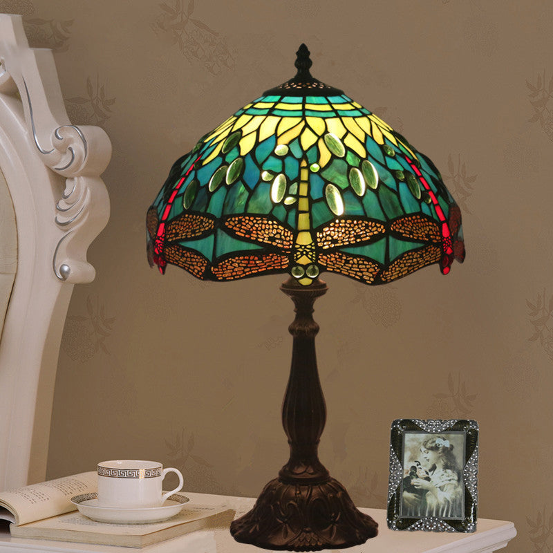 Traditional Tiffany Stained Glass Animal Dragonfly Pattern Zinc Alloy Base 1-Light Table Lamp For Bedroom