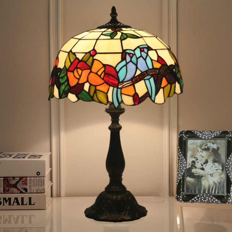 Traditional Tiffany Stained Glass Rose Flower Parrot Dome 1-Light Table Lamp For Bedroom