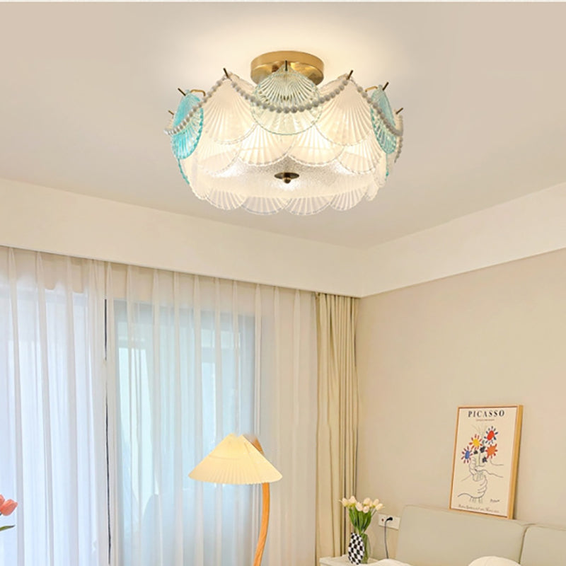 Traditional French Shell Textured Glass Round Shade Pearl Decor 5/8-Light Semi-Flush Mount Ceiling Light For Living Room