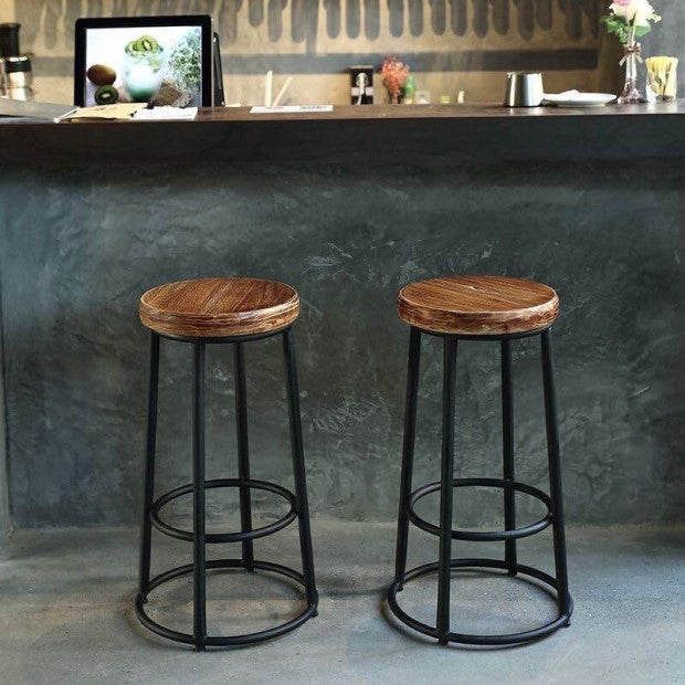 Contemporary Industrial Round Solid Wood Iron Frame Bar Stool Backless Footrest For Dining Room