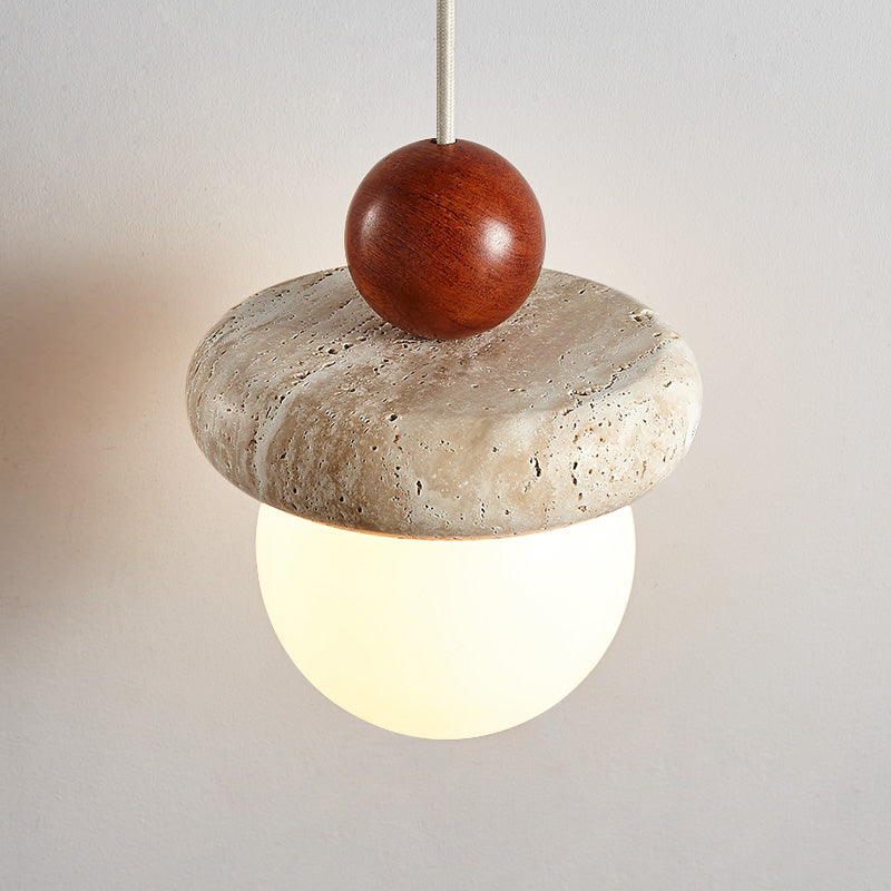 Traditional Japanese Wabi Sabi Solid Wood Travertine Round 1-Light Pendant Light For Living Room