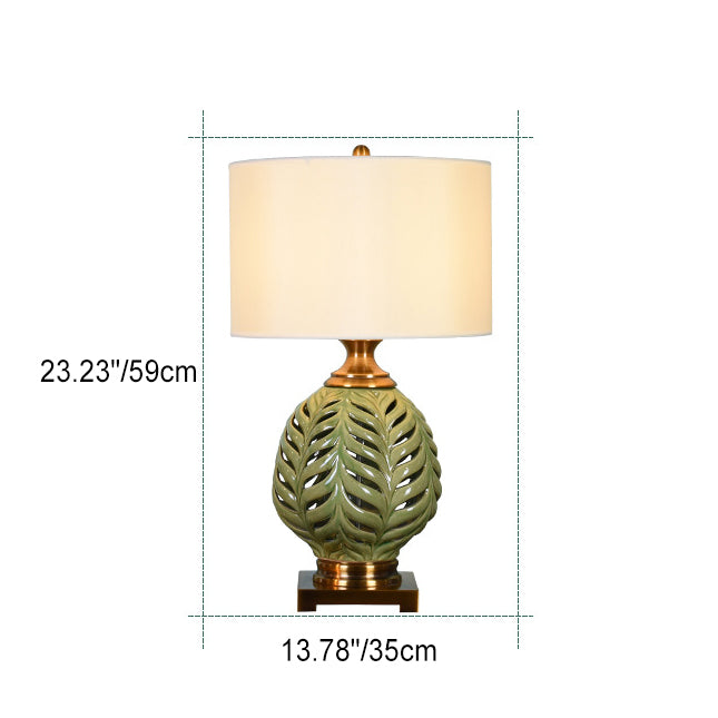 Traditional Vintage Hollowed Out Leaves Vase Shaped Ceramic Copper Fabric 1-Light Table Lamp For Bedroom