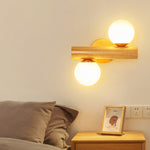 Modern Minimalist Cylinder Orb Wood Hardware Glass 2-Light Wall Sconce Lamp For Bedroom