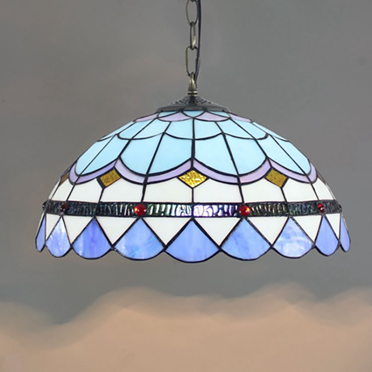 Traditional Tiffany Round Dome Iron Stained Glass 1-Light Pendant Light For Living Room