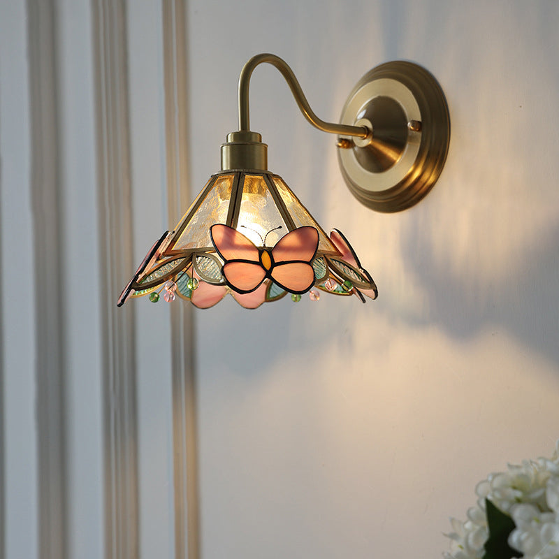 Traditional Vintage Colorful Butterfly Decorative Tapered Glass Shade Brass 1-Light Wall Sconce Lamp For Bedroom