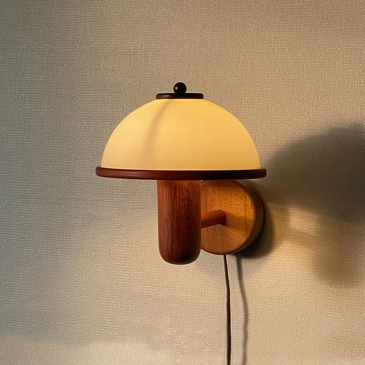 Traditional Japanese Wood Mushroom Design 1-Light Wall Sconce Lamp For Living Room