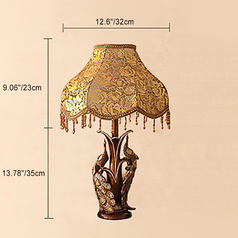 Traditional Vintage Peacock Flower Pattern Resin Fabric 1-Light Table Lamp For Bedroom