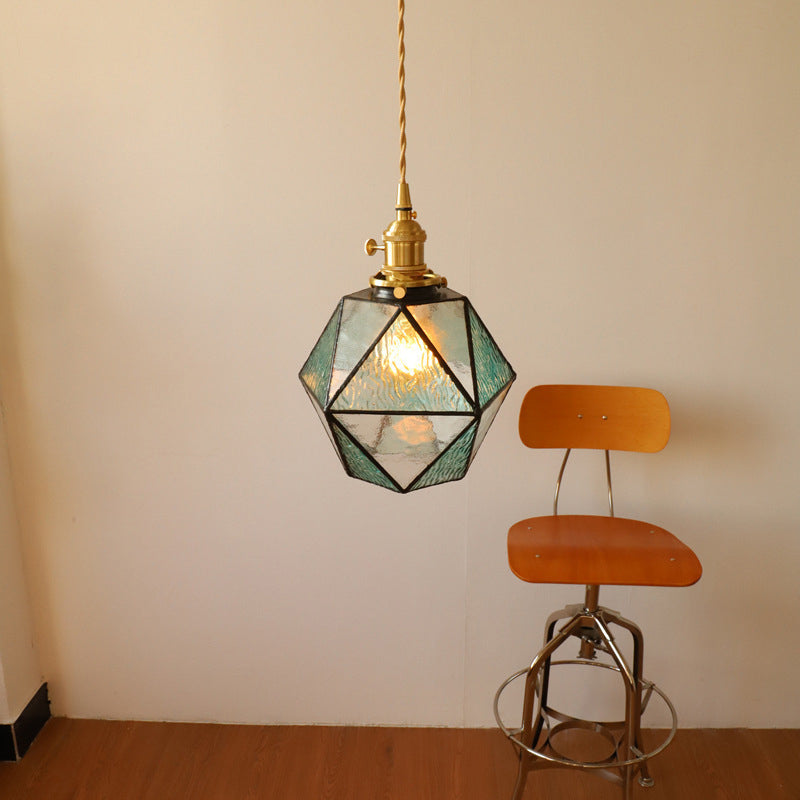 Traditional Vintage Polygonal Brass Glass 1-Light Pendant Light For Living Room