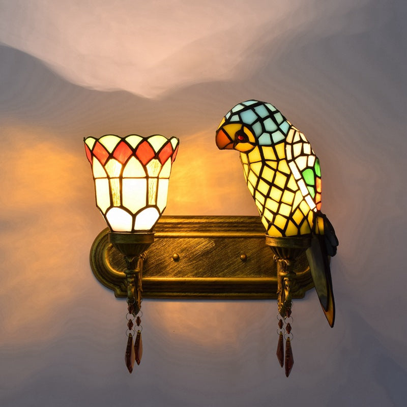 Traditional Tiffany Flower Cup Parrot Iron Alloy Stained Glass 2-Light Wall Sconce Lamp For Living Room