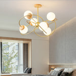 Contemporary Nordic Surround Round Orb Iron Wood Glass 4/6 Light Chandelier For Living Room