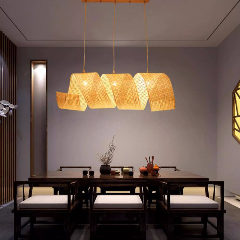 Traditional Japanese Bamboo Weaving Ribbon Shape 2/3-Light Chandelier For Dining Room